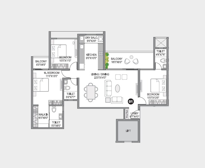 Floor plan of 3 BHK 1202 Sq. Ft. Apartment in City One Vezdaa, Pune