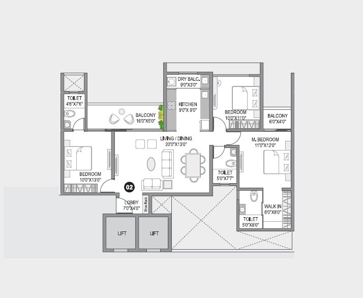 Floor plan of 3 BHK 1217 Sq. Ft. Apartment in City One Vezdaa, Pune