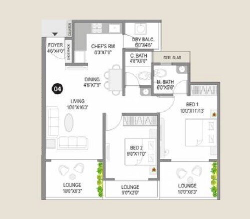 Floor plan of 2 BHK 750 Sq. Ft. Apartment in City Sai Signature, Pune