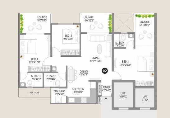 Floor plan of 3 BHK 1000 Sq. Ft. Apartment in City Sai Signature, Pune
