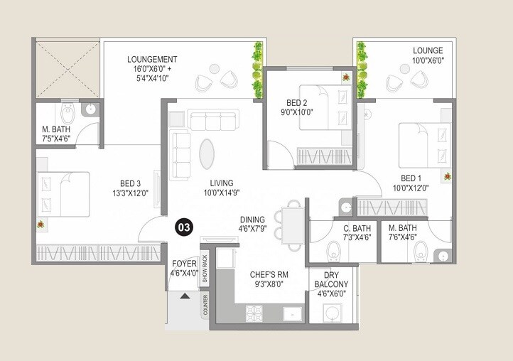 Floor plan of 3 BHK 1049 Sq. Ft. Apartment in City Sai Signature, Pune