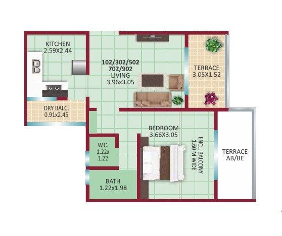 Floor plan of 1 BHK 412 Sq. Ft. Apartment in CK Shanaya Elegance, Pune