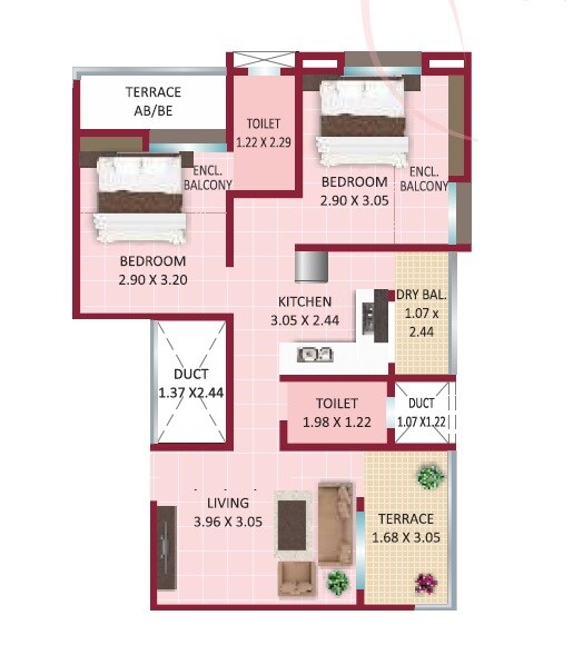 Floor plan of 2 BHK 447 Sq. Ft. Apartment in CK Shanaya Elegance, Pune