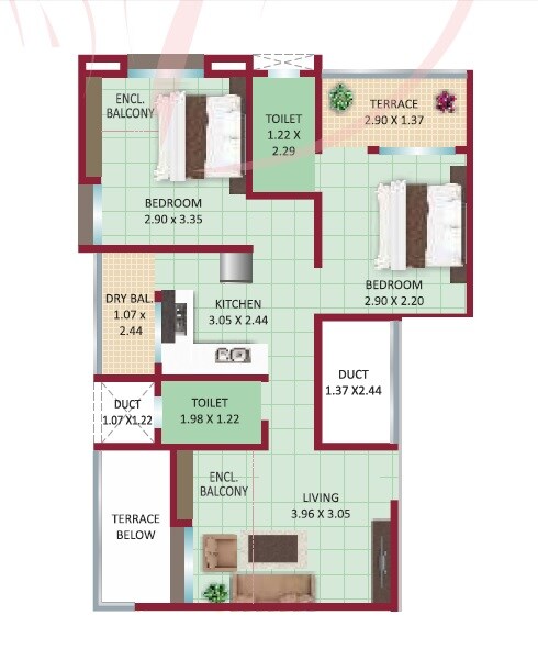 Floor plan of 2 BHK 621 Sq. Ft. Apartment in CK Shanaya Elegance, Pune