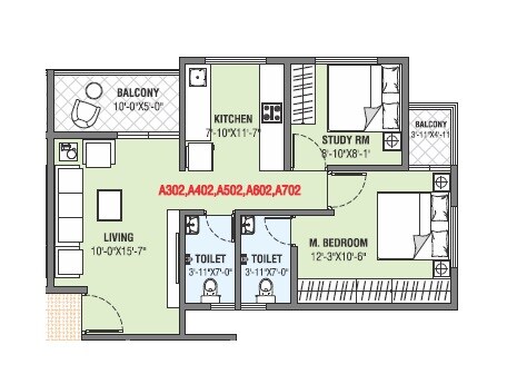Floor plan of 2 BHK 606 Sq. Ft. Apartment in Classic Amrut, Pune