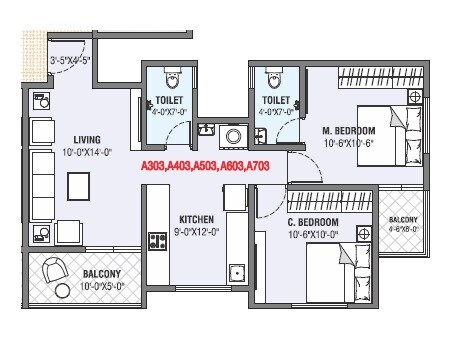 Floor plan of 2 BHK 625 Sq. Ft. Apartment in Classic Amrut, Pune