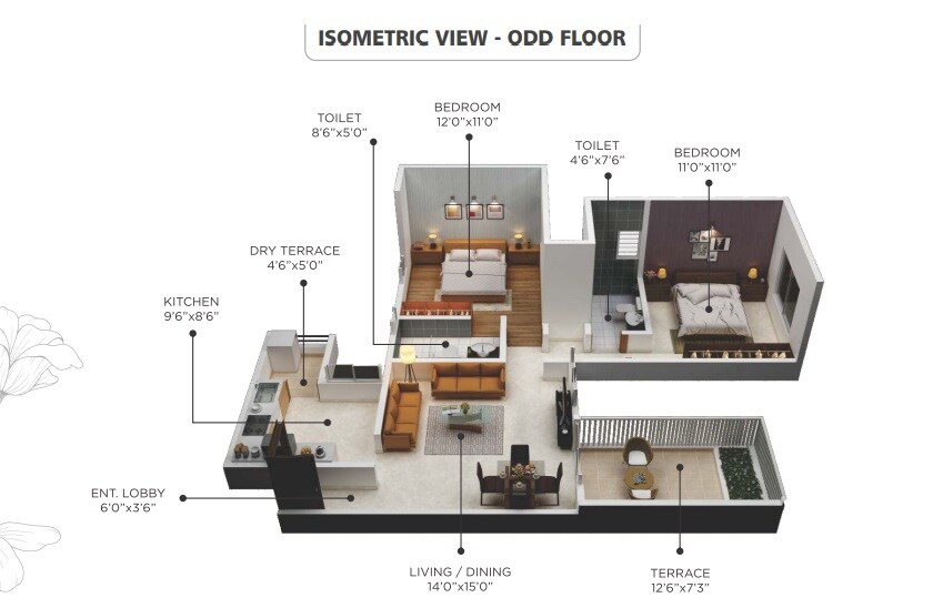 Floor plan of 2 BHK 632 Sq. Ft. Apartment in Cleveland Park, Pune