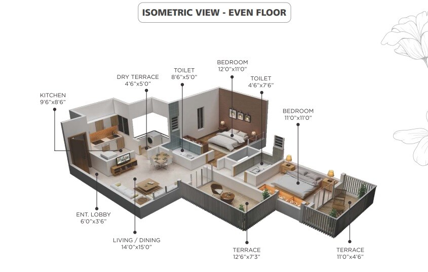 Floor plan of 2 BHK 683 Sq. Ft. Apartment in Cleveland Park, Pune