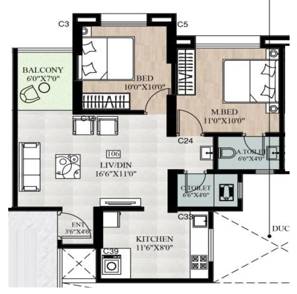 2 BHK 611 Sq. Ft. Apartment