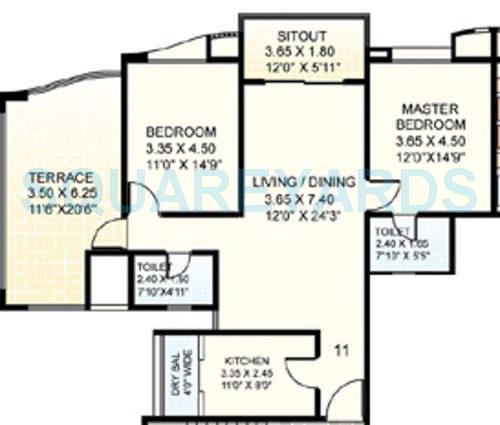 Floor plan of 2 BHK 1265 Sq. Ft. Apartment in Clover Acropolis, Pune