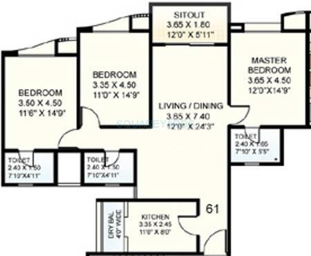 Floor plan of 3 BHK 1500 Sq. Ft. Apartment in Clover Acropolis, Pune