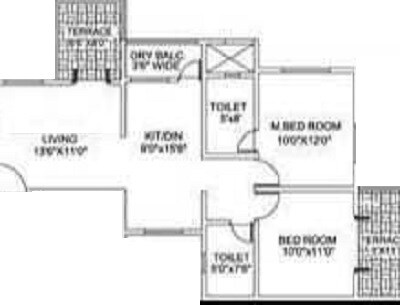 Floor plan of 2 BHK 1315 Sq. Ft. Apartment in Clover Crest, Pune