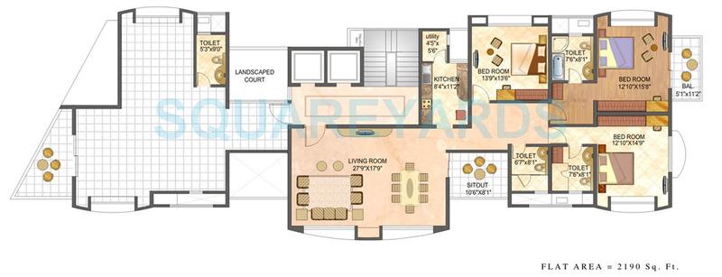 Floor plan of 3 BHK 2190 Sq. Ft. Apartment in Clover Olympus, Pune