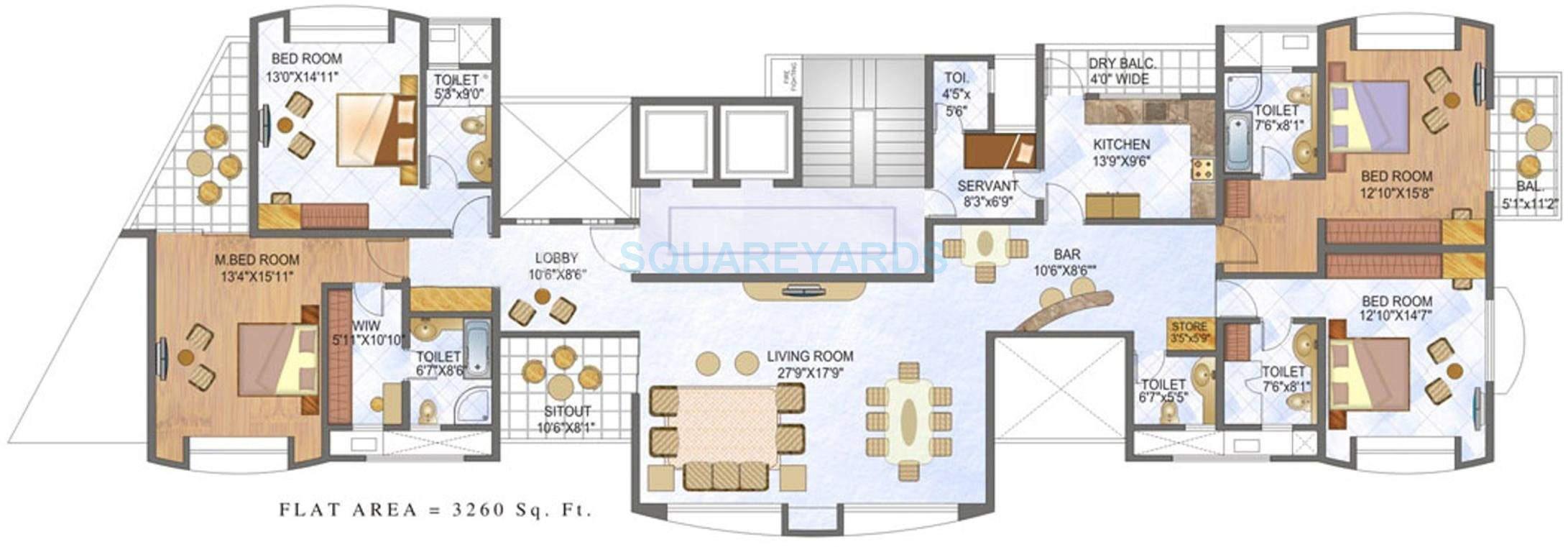 Floor plan of 4 BHK 3260 Sq. Ft. Apartment in Clover Olympus, Pune