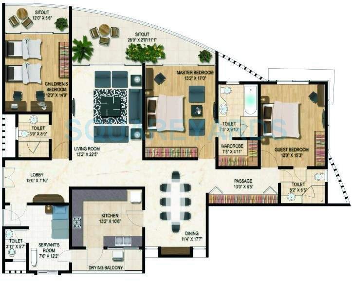 Floor plan of 3 BHK 2600 Sq. Ft. Apartment in Clover Palisades, Pune
