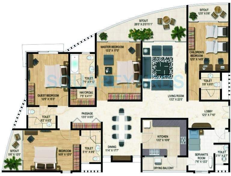 Floor plan of 4 BHK 3000 Sq. Ft. Apartment in Clover Palisades, Pune