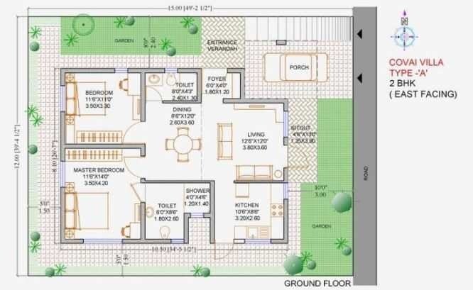 Floor plan of 2 BHK 1515 Sq. Ft. Villa in Clover Renaissance Covai Villas, Pune
