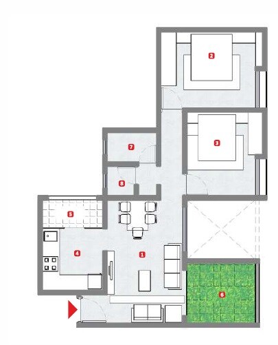 Floor plan of 1 BHK 870 Sq. Ft. Apartment in Coral Shubh Richmond, Pune