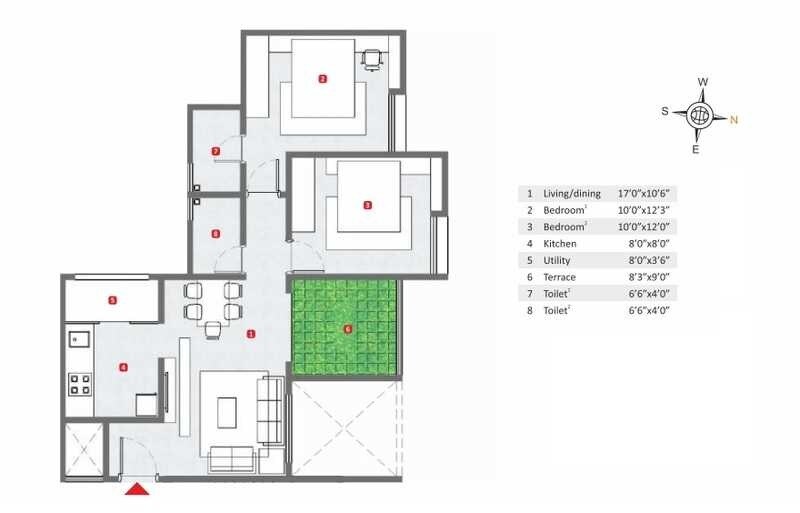Floor plan of 2 BHK 970 Sq. Ft. Apartment in Coral Shubh Richmond, Pune