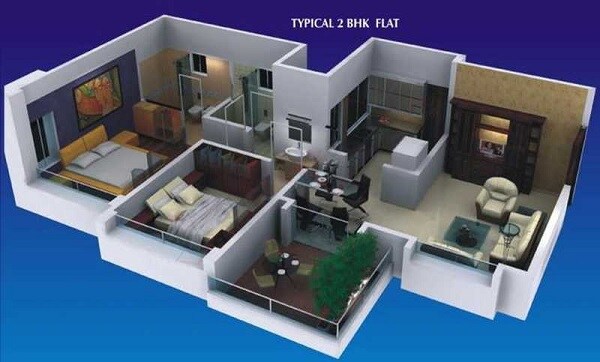 Floor plan of 2 BHK 1071 Sq. Ft. Apartment in Costa Rica, Pune