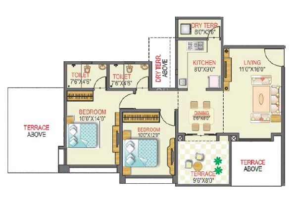 Floor plan of 2 BHK 1285 Sq. Ft. Apartment in Costa Rica, Pune