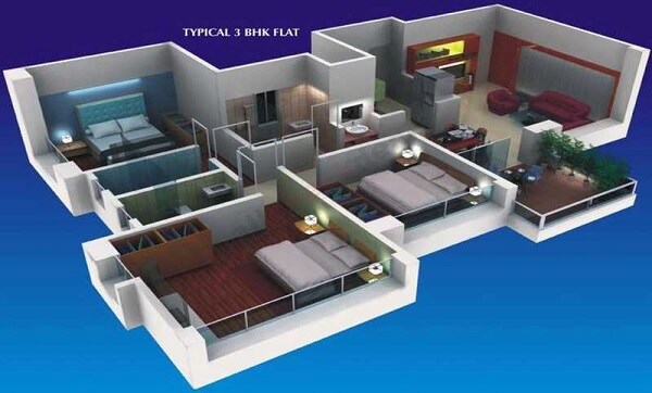 Floor plan of 3 BHK 1349 Sq. Ft. Apartment in Costa Rica, Pune