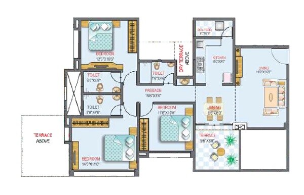Floor plan of 3 BHK 1556 Sq. Ft. Apartment in Costa Rica, Pune