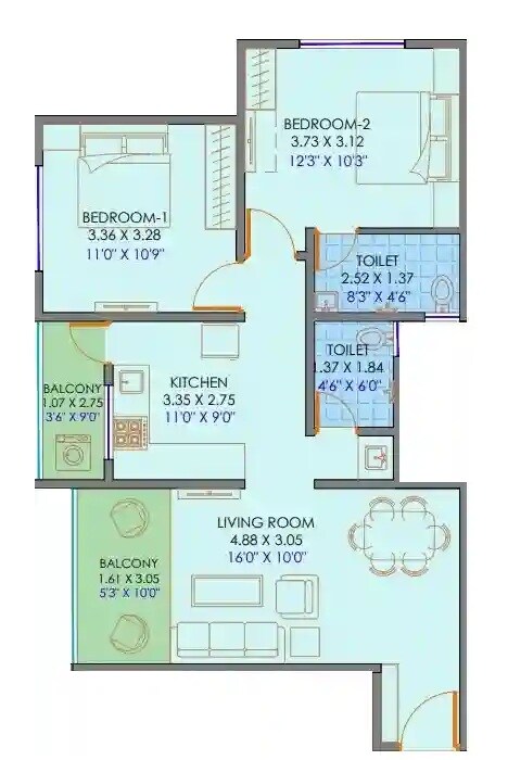 Floor plan of 2 BHK Apartment - 747 sq. ft. in Creative Anagha Ankur, Pune