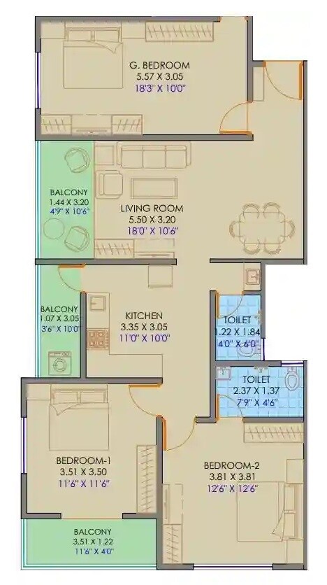 Floor plan of 3 BHK Apartment - 1118 sq. ft. in Creative Anagha Ankur, Pune