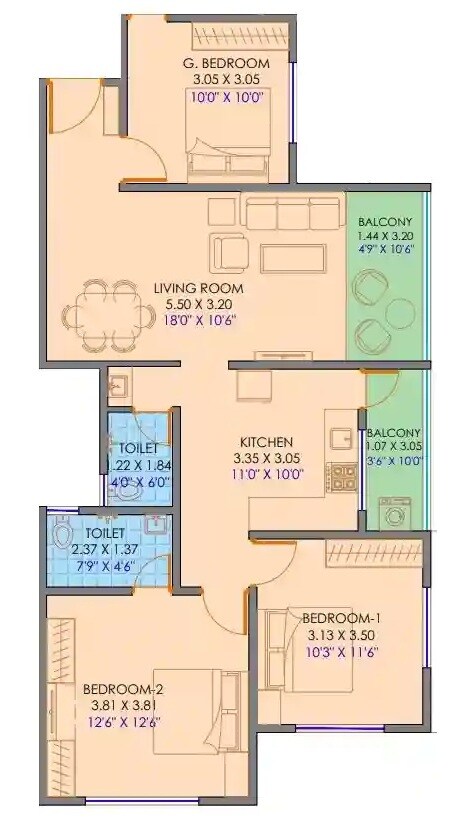 Floor plan of 3 BHK Apartment - 963 sq. ft. in Creative Anagha Ankur, Pune