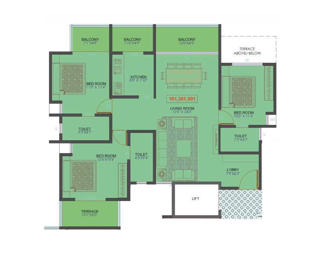 Floor plan of 3 BHK 1023 Sq. Ft. Apartment in Creative Supurti, Pune