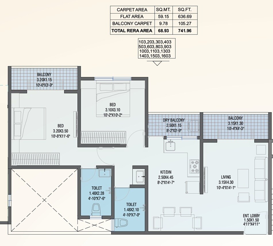 2 BHK 742 Sq. Ft. Apartment