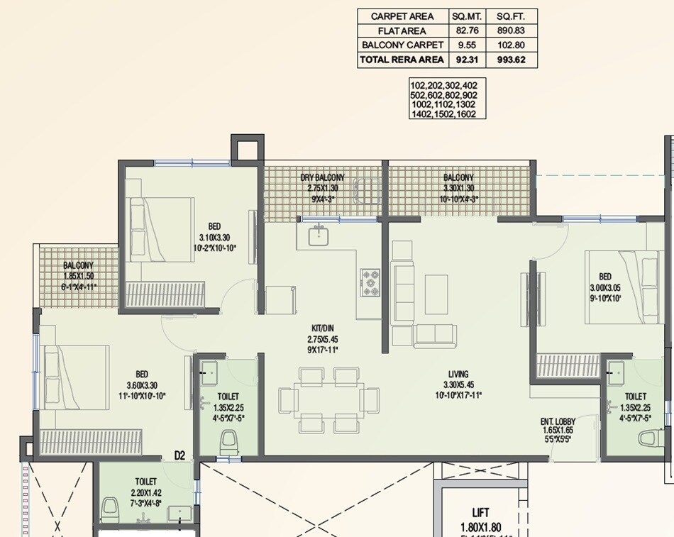 3 BHK 993 Sq. Ft. Apartment