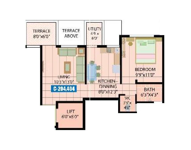 Floor plan of 1 BHK 518 Sq. Ft. Apartment in Crystal Homes Ravet, Pune