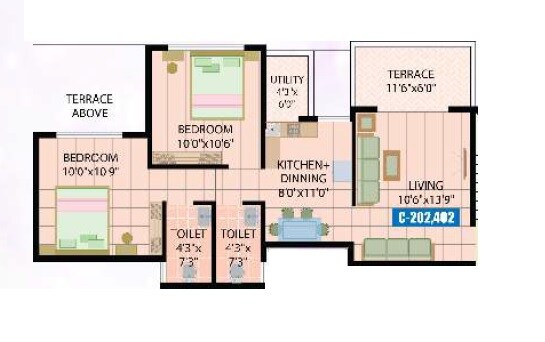 Floor plan of 2 BHK 522 Sq. Ft. Apartment in Crystal Homes Ravet, Pune