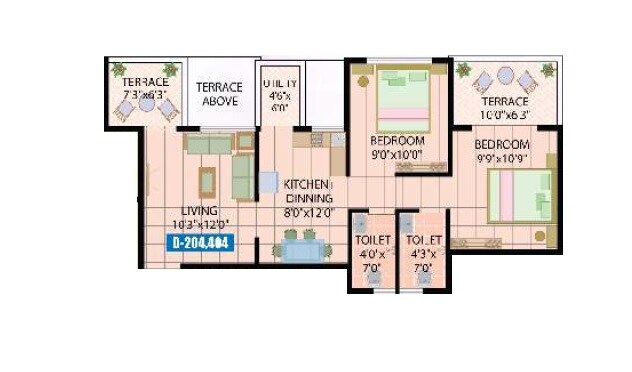 Floor plan of 2 BHK 792 Sq. Ft. Apartment in Crystal Homes Ravet, Pune