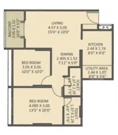 Floor plan of 2 BHK 752 Sq. Ft. Apartment in CTM Malhar Skies, Pune