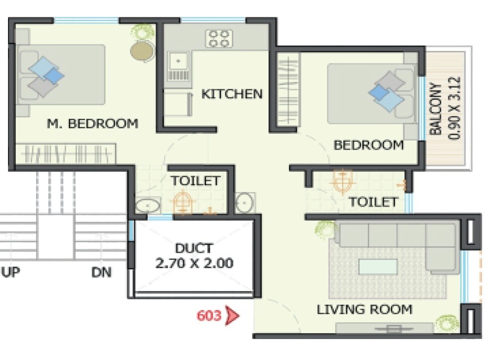 Floor plan of 2 BHK 637 Sq. Ft. Apartment in CVD Uday, Pune