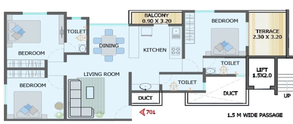 Floor plan of 3 BHK 1066 Sq. Ft. Apartment in CVD Uday, Pune