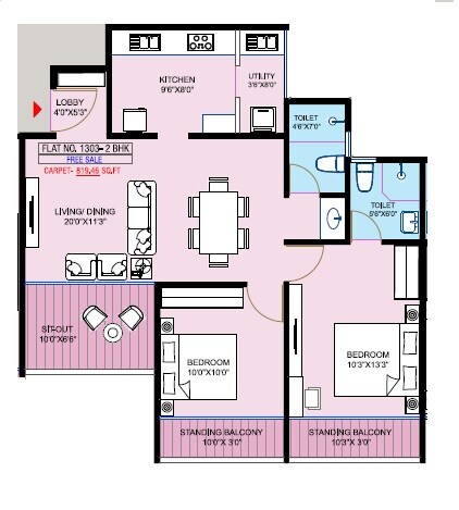 Floor plan of 2 BHK 819 Sq. Ft. Apartment in D And T Ganeshbaug And Suchitra Terrace CHS, Pune