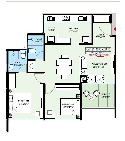 Floor plan of 2 BHK 778 Sq. Ft. Apartment in D And T Ganeshbaug And Suchitra Terrace CHS, Pune