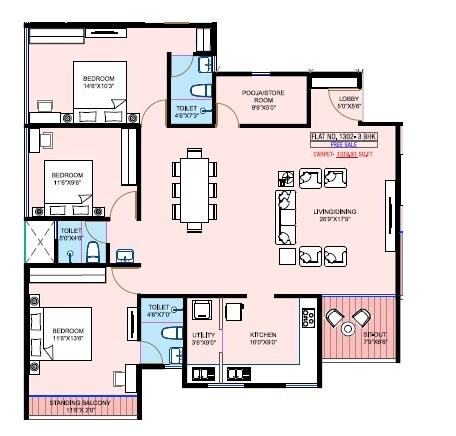 Floor plan of 3 BHK 1318 Sq. Ft. Apartment in D And T Ganeshbaug And Suchitra Terrace CHS, Pune
