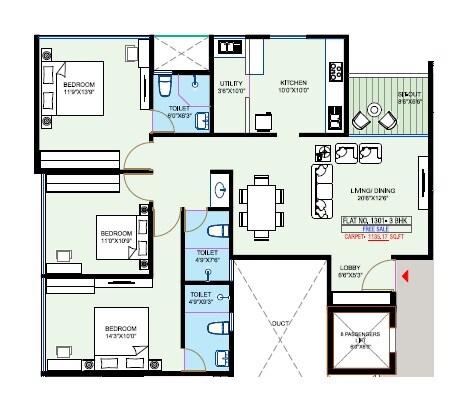Floor plan of 3 BHK 1135 Sq. Ft. Apartment in D And T Ganeshbaug And Suchitra Terrace CHS, Pune