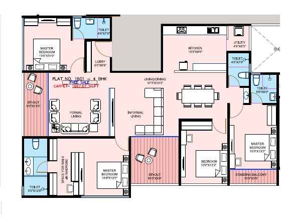Floor plan of 4 BHK 1667 Sq. Ft. Apartment in D And T Ganeshbaug And Suchitra Terrace CHS, Pune
