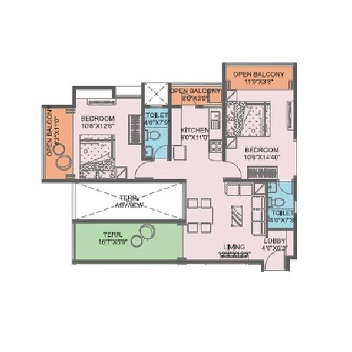 Floor plan of 2 BHK 649 Sq. Ft. Apartment in D And T Geetanjali Namana, Pune