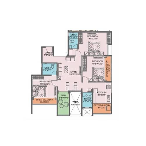 Floor plan of 3 BHK 835 Sq. Ft. Apartment in D And T Geetanjali Namana, Pune