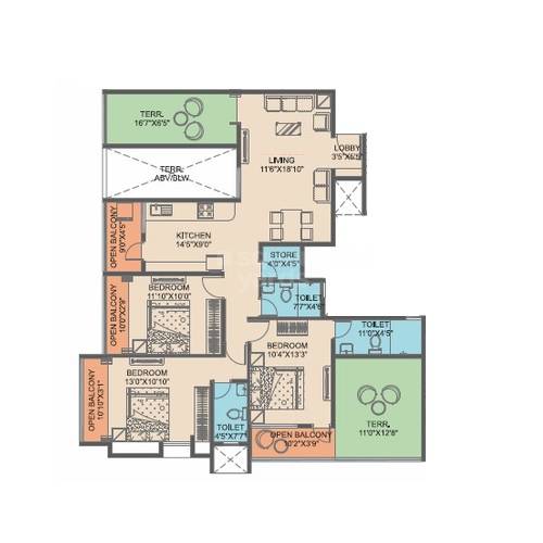 Floor plan of 3 BHK 953 Sq. Ft. Apartment in D And T Geetanjali Namana, Pune