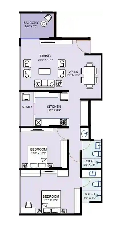 Floor plan of 2 BHK Apartment - 662 sq. ft. in D And T Mountain View CHS, Pune
