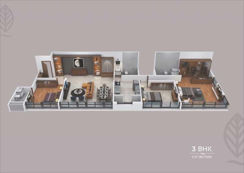 Floor plan of 3 BHK Apartment - 941 sq. ft. in D And T Mountain View CHS, Pune