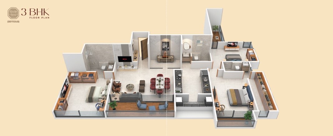 Floor plan of 3 BHK 1188 Sq. Ft. Apartment in D And T Shivtoran CHS, Pune